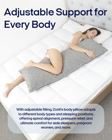 A woman using a Zonli body pillow while lying on her side, presenting product advantages.