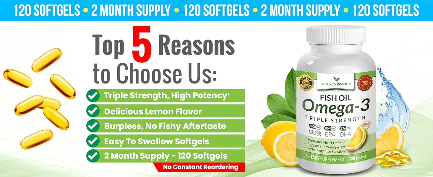 Tiple Strength Omega 3 Fish Oil burpless softgels 120 supplement lemon flavor burp less men women
