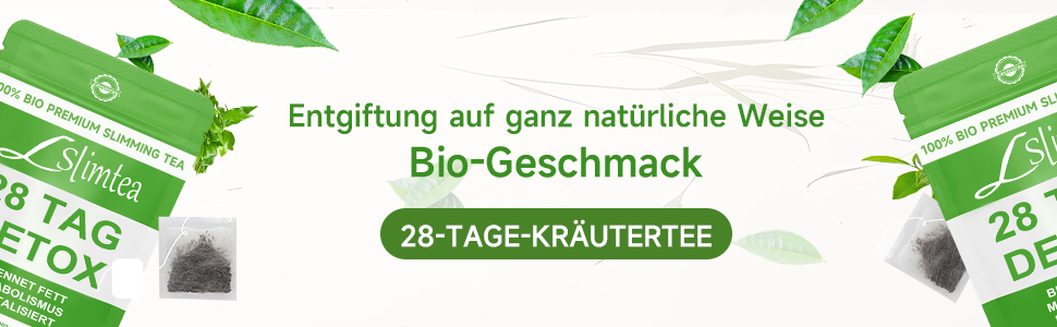Green and white packaging for a 28-day herbal tea detox product. Features tea bags and emphasizes natural ingredients and organic flavor in German text.