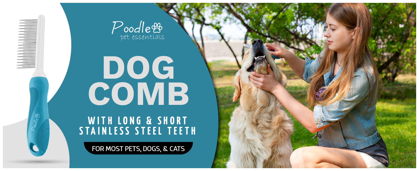 blue dog comb with long and short stainless steel teeth