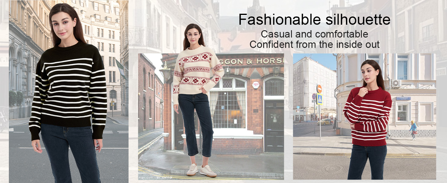 Womens Striped Jacquard Crewneck Sweater