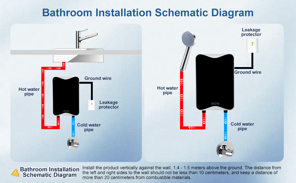 Text reads 'Bathroom Installation Schematic Diagram'. Technical diagram showing water flow and installation details with red and blue lines indicating hot and cold water connections.