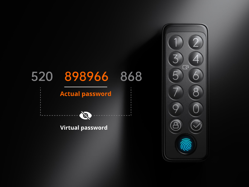 Electronic keypad with fingerprint sensor. Display shows 'Actual password' and 'Virtual password' with numbers. Dark background with illuminated buttons.