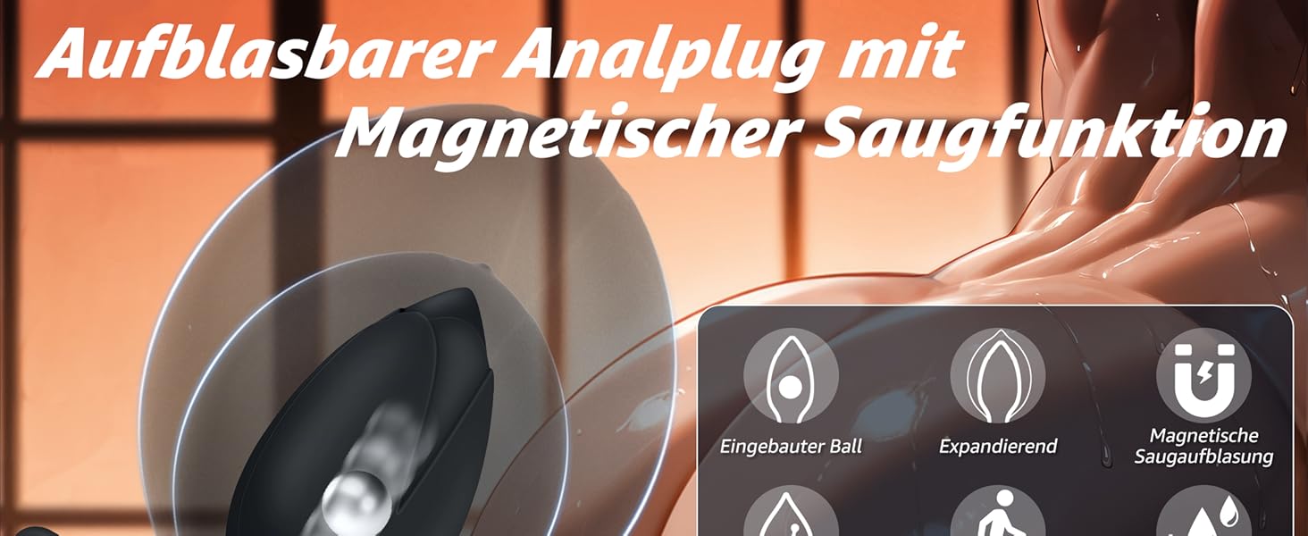 Der Text lautet: 'Aufblasbarer Analpplug mit Magnetischer Saugfunktion'. Produktdemonstrationsbild mit Symbolanzeigen für Funktionen.