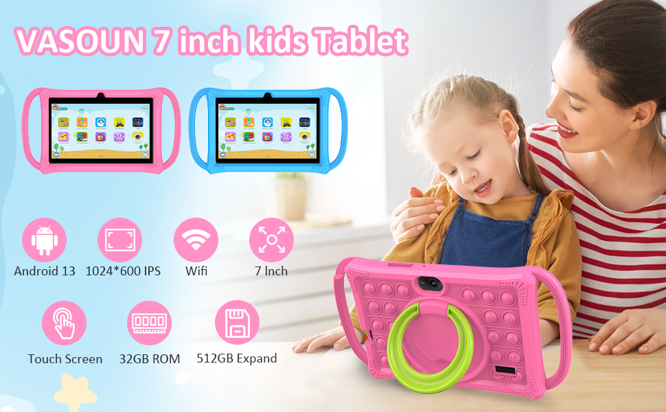Text reads 'VASOUN 7 inch kids Tablet'. Product image shows pink tablet case with owl design. Interface icons shown for various tablet functions.