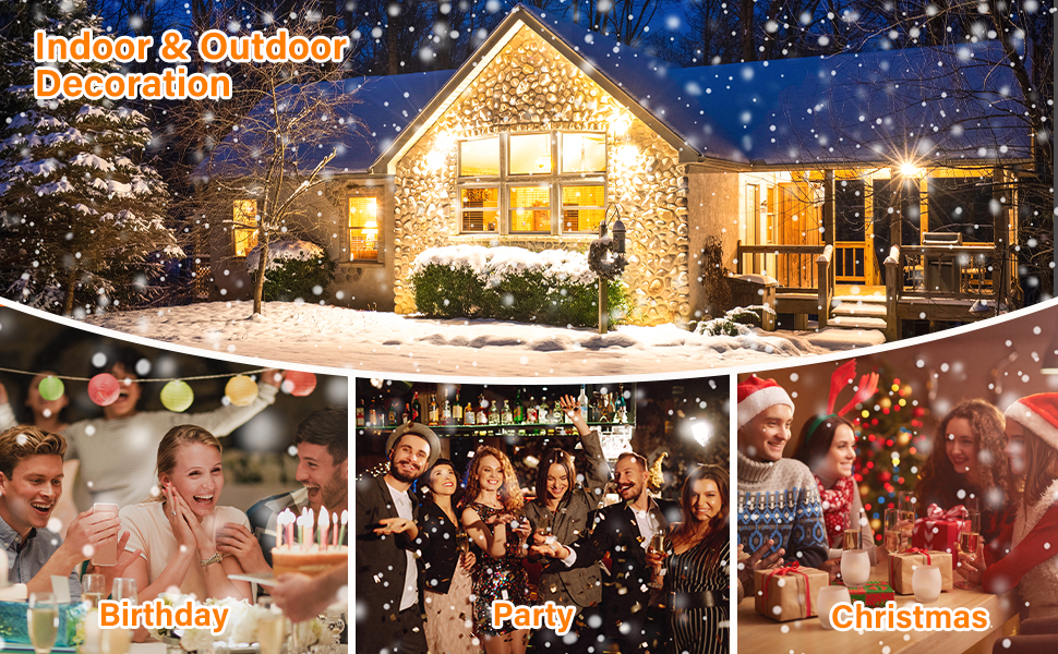 Composite of winter holiday scenes: illuminated house exterior with snow and Christmas lights, and two indoor party celebrations with festive decorations.