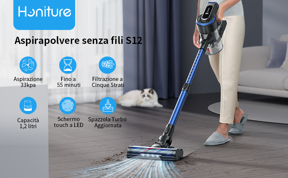 HONITURE S12 Scopa Elettrica Senza Fili,33Kpa Aspirapolvere Senza Fili Potente Con Display, Autonomia 55 Minuti,1,2L Capacità, Regolazione A 5 Livelli,Scope Elettriche Senza 10 aspirapolvere senza fili potente