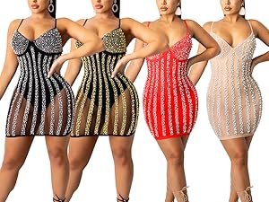 Lrady Women Sexy Spaghetti Strap Tank Dress Hot Drilling Bodysuit Bodycon Club Party Mini Dress