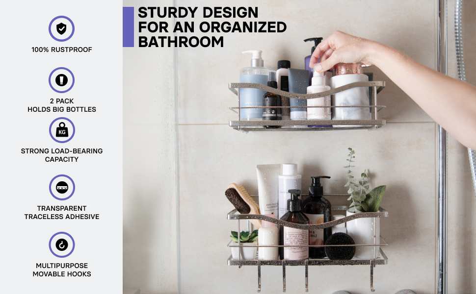 KINCMAX Shower Shelves 2Pack Self Adhesive Caddy with 4 Hooks No