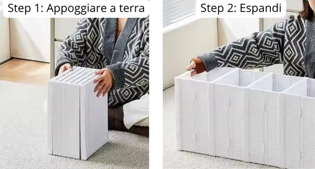 Il testo recita «Fase 1: Appoggiare a terra» e «Fase 2: Espandi». Guida all'installazione che mostra passo dopo passo il montaggio dell'organizer portaoggetti bianco.