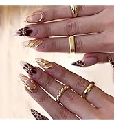 Brown Flower Press on Nails Leopard Fake Nails Medium Almond False Nails with Gold Design Nude Gl...
