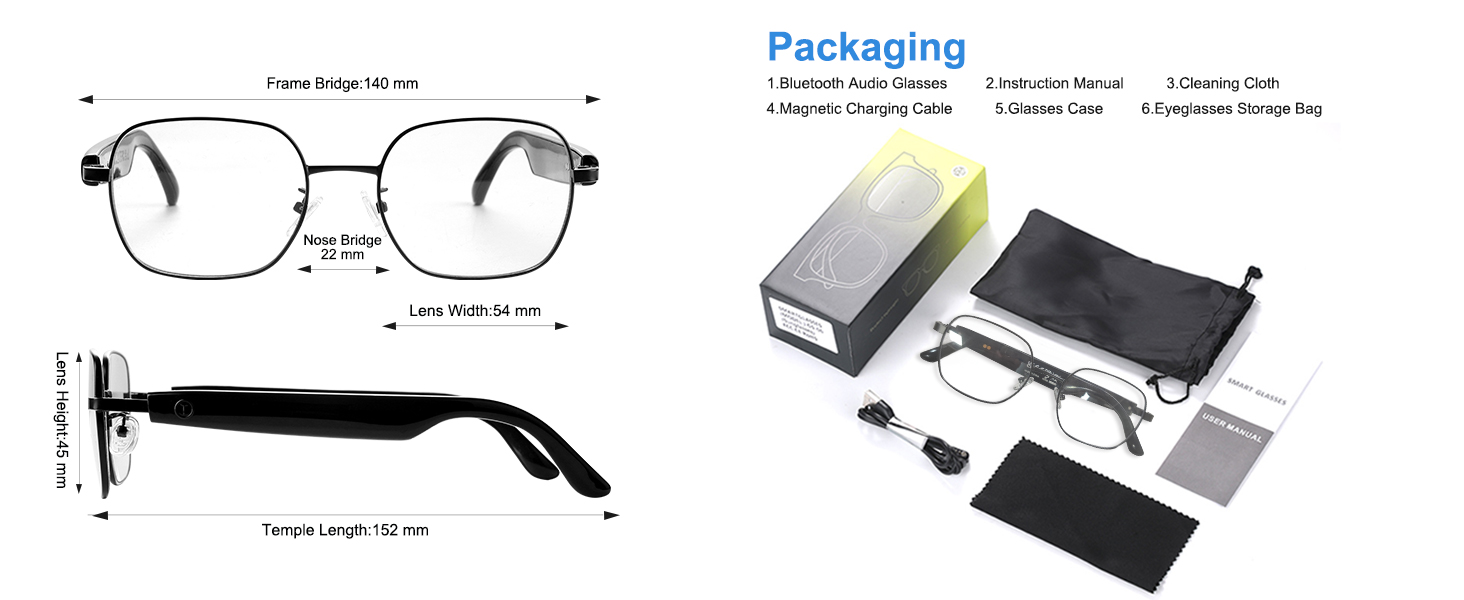 Size & Packaging of bluetooth smart glasses for men & women, smart bluetooth glasses