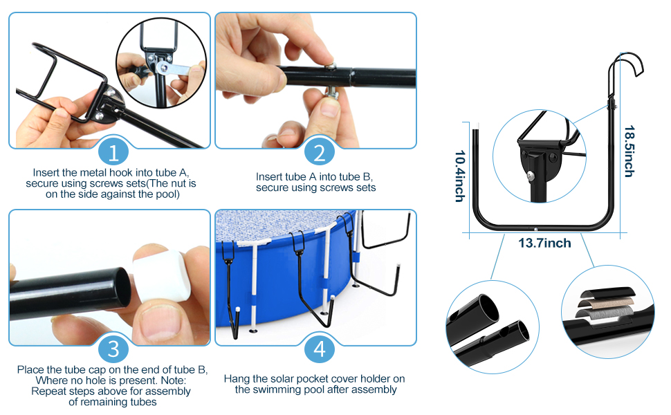 YYV 4PCS Solar Pool Cover Holder, Adjustable Solar Pool Hooks Storage Pool Cover U