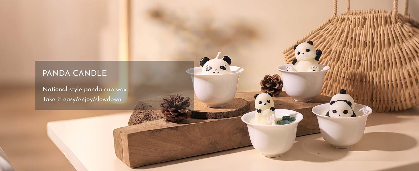 Soy candle,Ceramic teacup jar, Reusable container, Smokeless, Panda lid, Home decor, Botanical scent