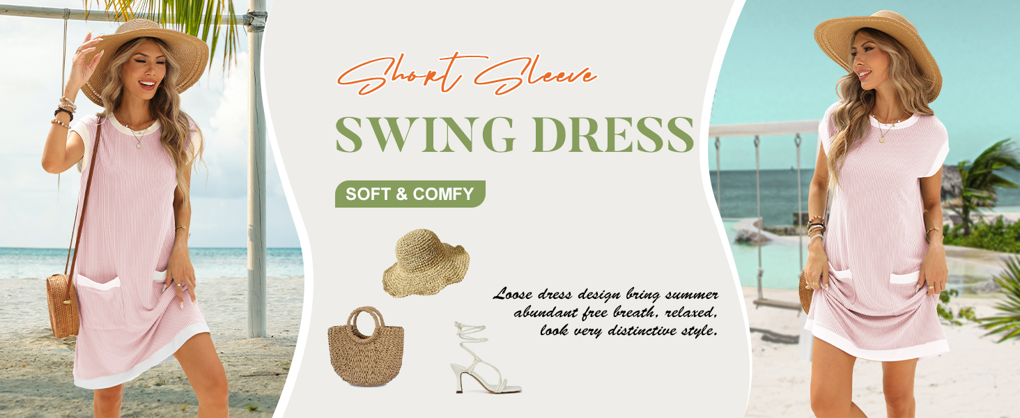 women summer dress midi beach dress color block short sleeve loose sundress a line