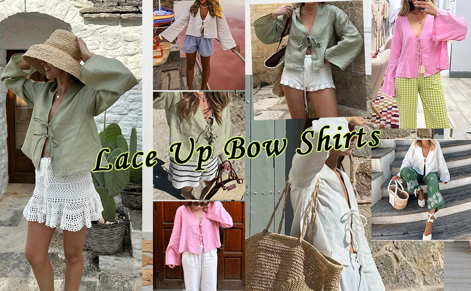 Chvity Tie Front Tops for Women Long Sleeve V Neck Linen