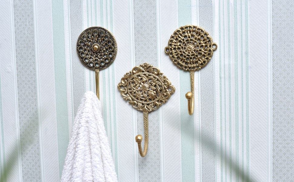 3 Wall Hooks Decorative Wall Hooks Boho Brass Wall Hooks