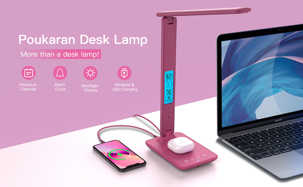poukaran Desk Lamp, LED Desk Lamp with Wireless Charger, USB Charging