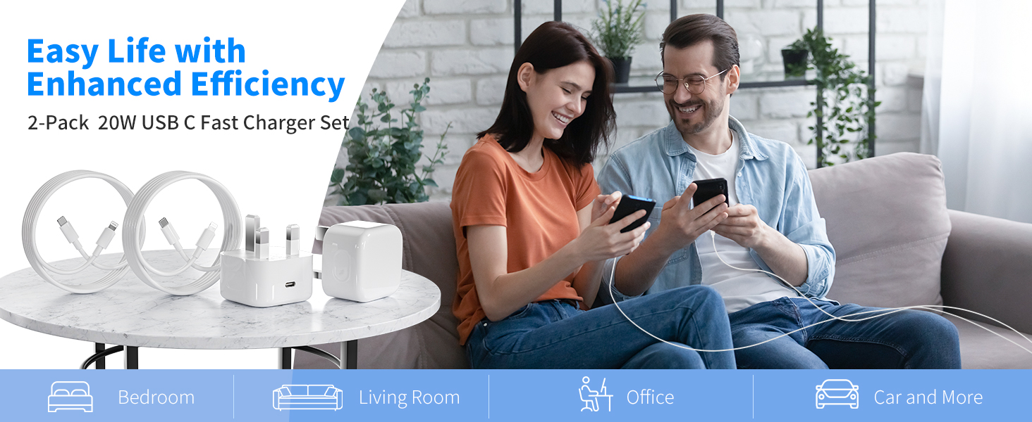 USB-C fast charger set with two circular chargers and multiple adapters. Image shows a couple using smartphones, with icons illustrating various charging locations like bedroom and office.