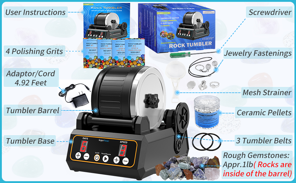KomeStone Rock Tumbler kit & Extra Rocks and Polishing Refill Grits, 2LB Rocks and 8