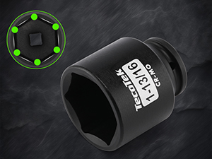 The impact socket set features a 6-point, high-torque design that contacts and grips the stronger fl