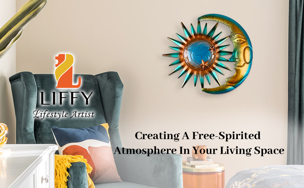 metal sun and moon wall art hang on bedroom