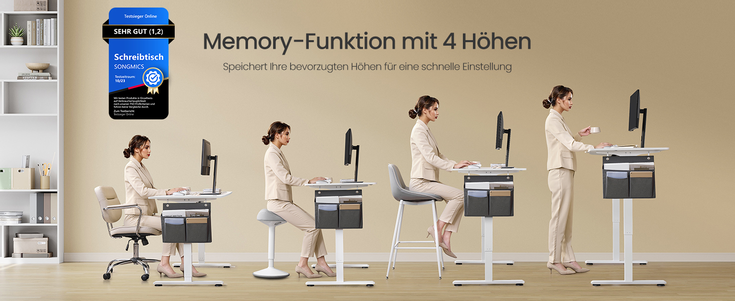 Elektromosan állítható magasságú íróasztal, 60 × 140 × 72–120 cm –, felhő fehér színben