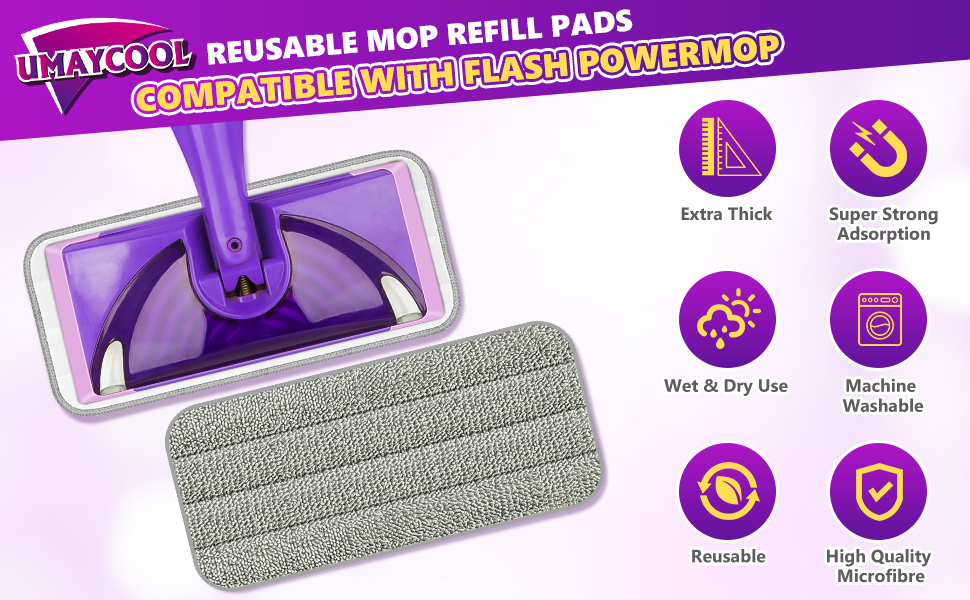 Mop Pads, Reusable Mop Refill Pads for Flash Powermop, 6 PCS Washable