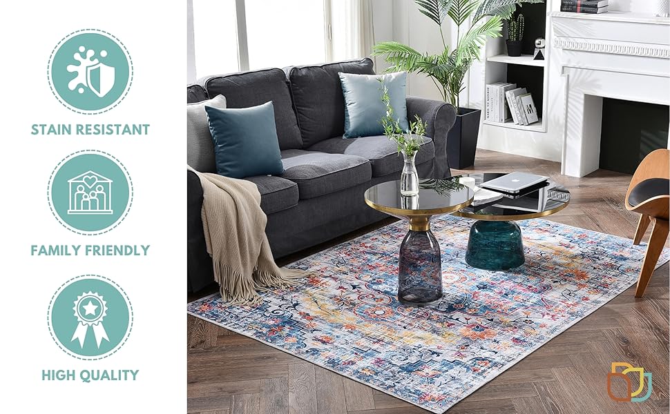 Mandala Machine Washable Area Rug 8 x 10 NonSlip & Safe Floor Rug