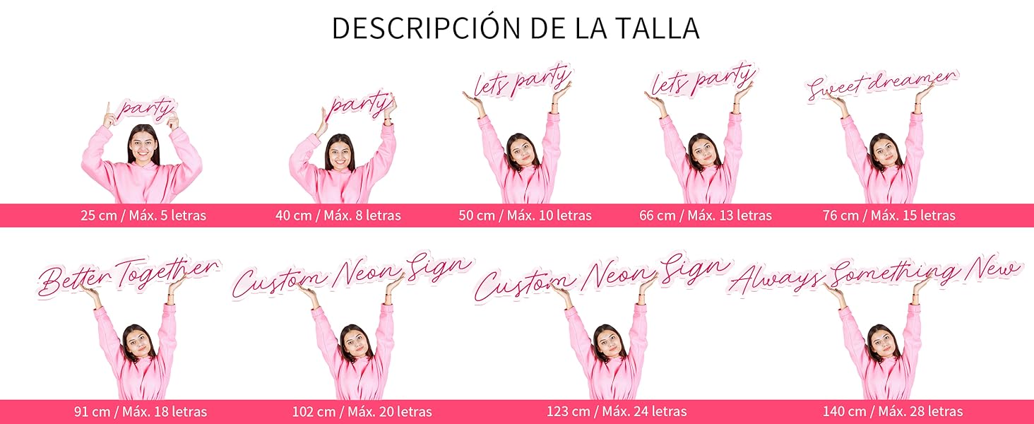 El texto dice «DESCRIPCIÓN DE LA TALLA». Ilustración de la guía de tallas que muestra las medidas y las referencias de ajuste con elementos gráficos de color rosa.