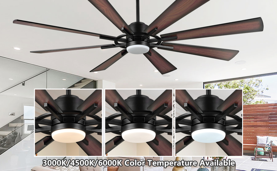 WINGBO 72" DC Ceiling Fan with Lights and 3 Downrods, Matte
