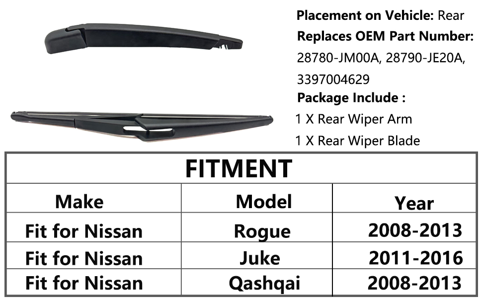 Rear Windshield Wiper Arm & Wiper Blade Set for Nissan Rogue 20082013