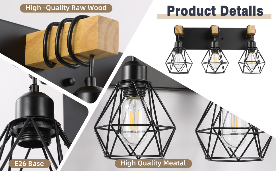 3 Lights Wood Bathroom Vanity Lighting Fixture