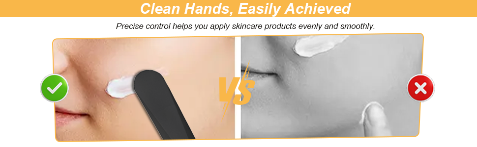 Split image comparing skincare application methods. Left: Black applicator spreading white cream. Right: Finger applying product directly. Text above: 'Clean Hands Easily Achieved'.