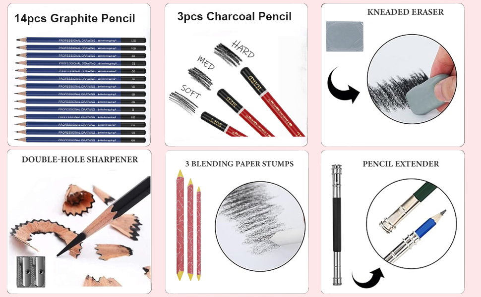Drawing Sketching Pencil Set Kit, Graphite Pencils, Charcoal Pencils, Stumps, Eraser, Sharpeners