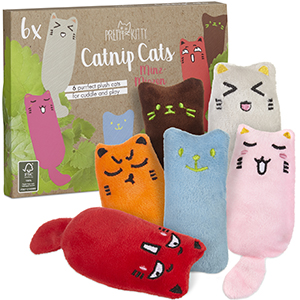 A beautiful set of six cute plush cats in different colours, filled with dried catnip.