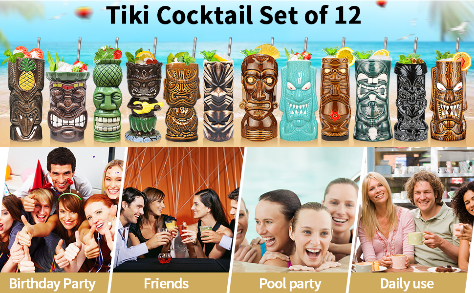 Tiki Mugs Set of 12, Ceramic Tiki Mugs for Hawaiian Party