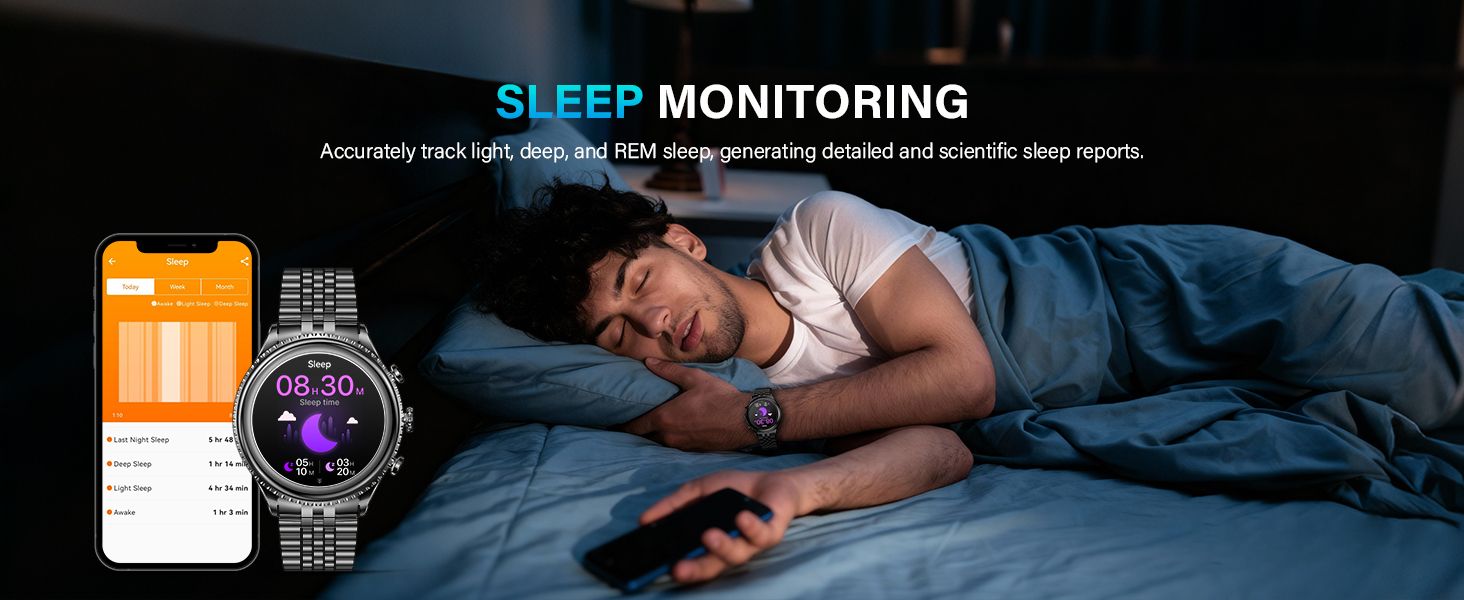 Sleep monitoring smart watch records light, deep, and REM stages with scientific sleep reports.
