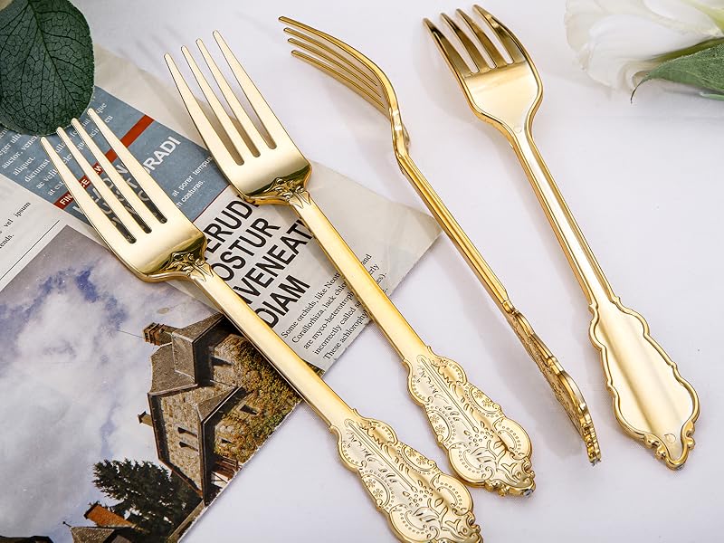 WDF 100 Piece Gold Forks Disposable 7.48 Inch Gold