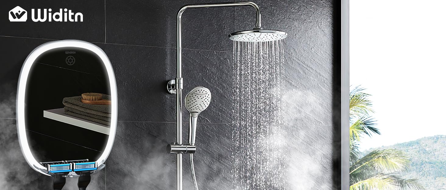 Widitn Shower Mirror Fogless for Shaving with LED, Adjustable Shaving Mirror with
