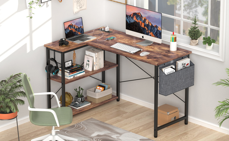 Mr IRONSTONE L Shaped Desk with Outlets & USB Ports