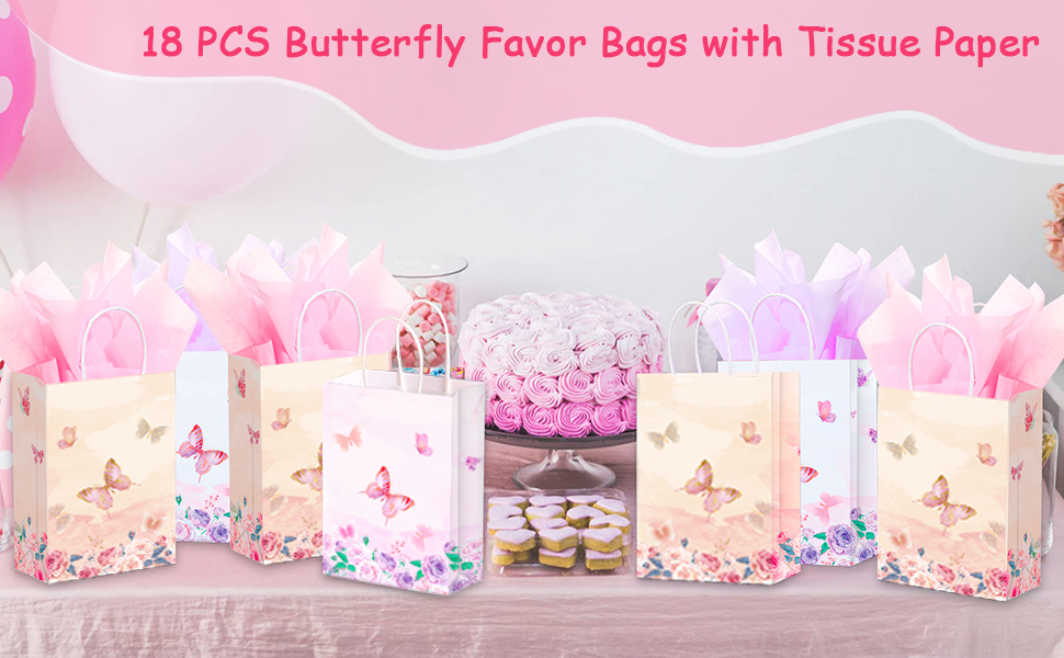18 Pcs Butterfly Party Favors Gift Bags with Tissue Paper,Pink and