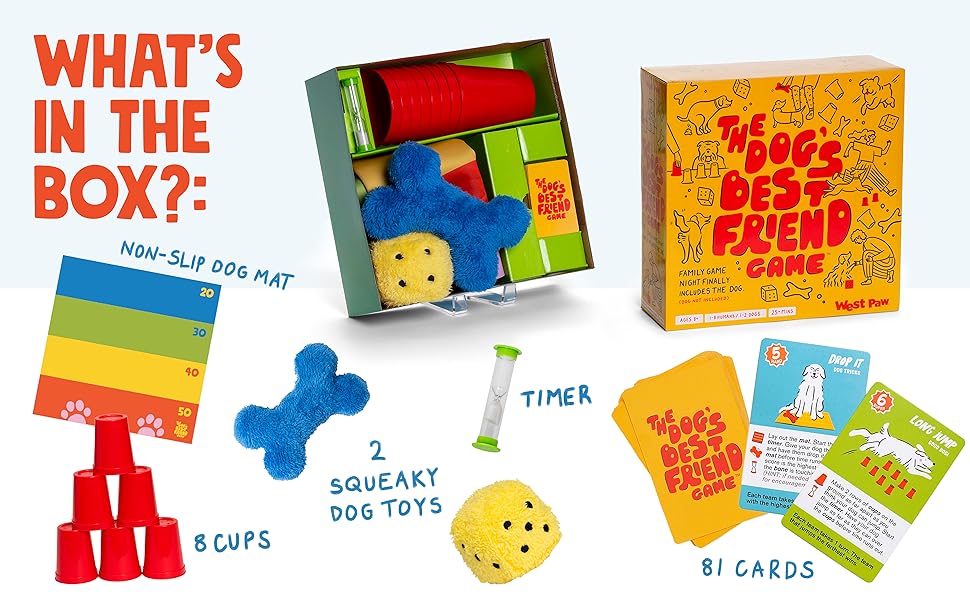 What's in the box? Everything included with the game: cups, squeaky dog toys, cards, timer