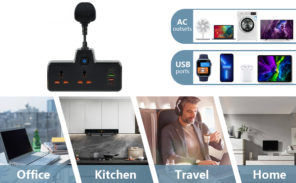 Multi-functional power strip with USB ports and AC outlets. Compatible with various devices. Suitable for office, kitchen, travel, and home use.