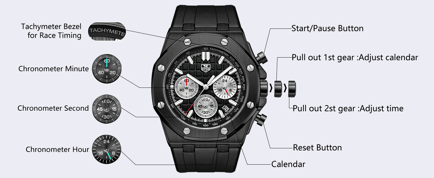 Mens Watch Waterproof Chronograph Sports Watch for Men with Calendar Black Rubber Strap