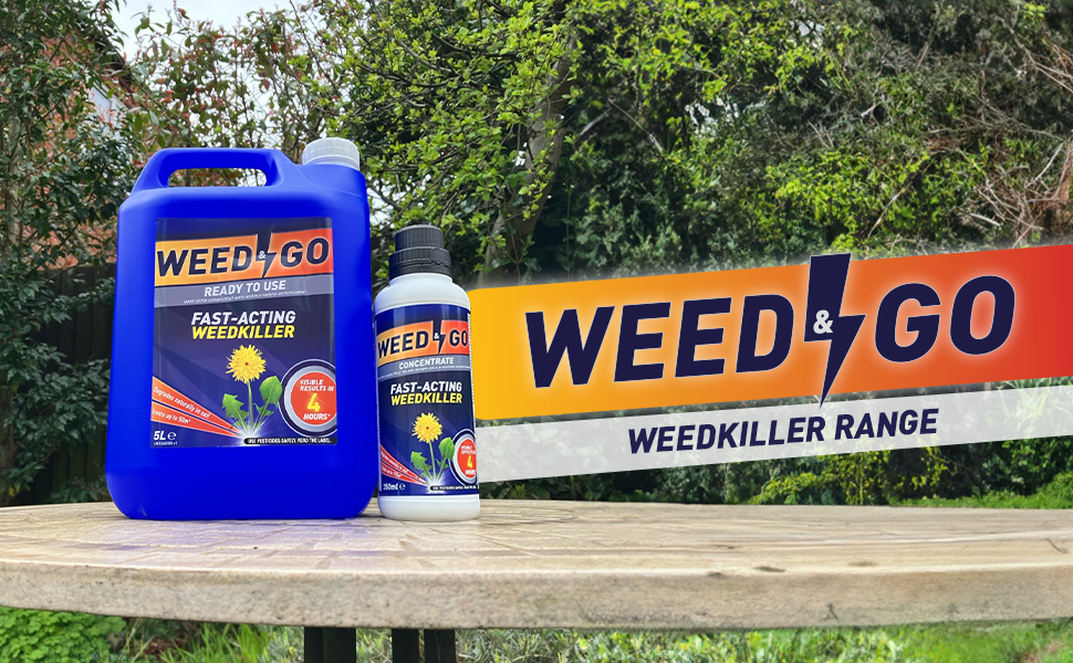 Weed & Go weedkiller products: large blue container and smaller bottle. Banner with brand name. Displayed outdoors on wooden surface with greenery in background.