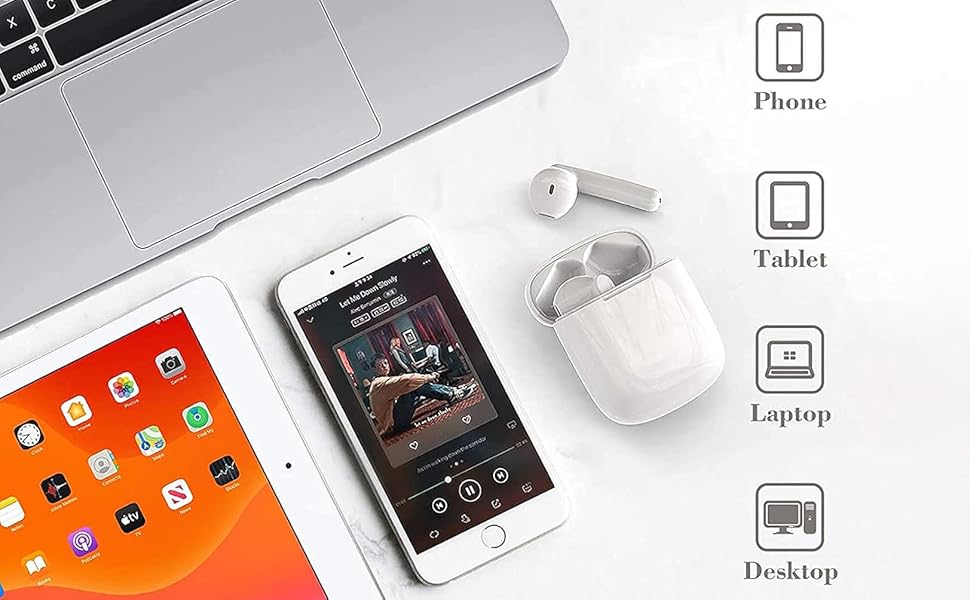 Device compatibility display showing icons for Phone, Tablet, Laptop, and Desktop with electronic devices and accessories arranged on surface.