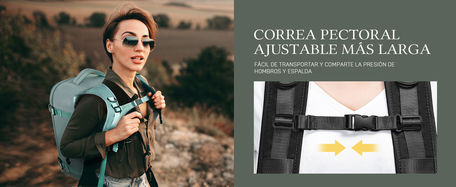 Correa de pecho ajustable para mochilas. La imagen dividida muestra a un excursionista con una mochila y un primer plano del mecanismo de ajuste de la correa con flechas que indican la capacidad de ajuste