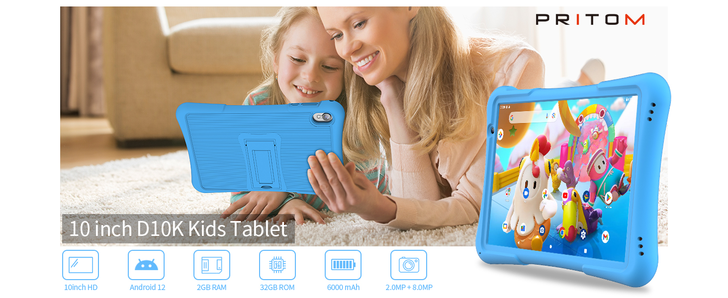 10-inch kids tablet with blue protective case. Tablet shown in use with colorful cartoon characters on screen. Product labeled as 'PRITOM D10K Kids Tablet'.