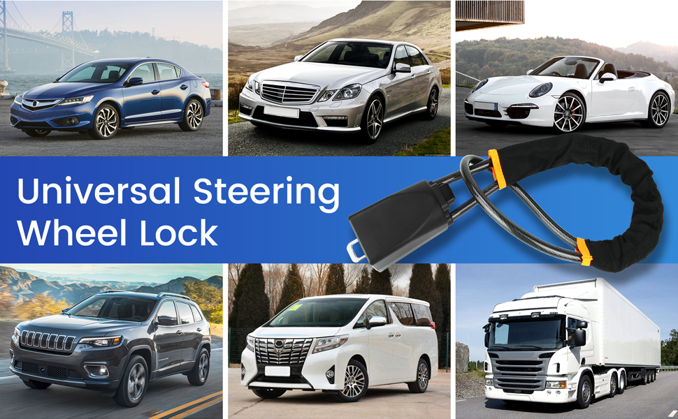 RONGJI AntiTheft Car Steering Wheel Lock with Keys, Black, 27" Long, AntiSawing